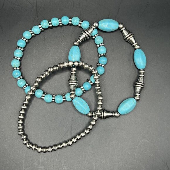 Bracelet Silver Stretch Bangle Multi Layering Blue Boho Western Turquoise - Picture 3 of 10